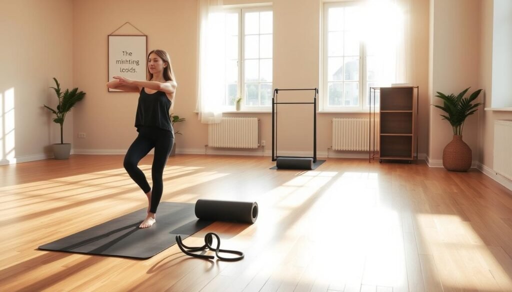 A serene indoor space designed for a Pilates warm-up session, filled with natural light streaming through large windows, creating a calm atmosphere. In the foreground, a young woman dressed in modest, comfortable workout clothes performing gentle warm-up stretches on a yoga mat, showcasing fluid movements that convey grace and focus. In the middle, a few supportive props such as a foam roller and resistance bands are neatly placed nearby, emphasizing the preparation for a mindful workout. The background features soft, warm-toned walls adorned with simple, motivational artwork that enhances the tranquil vibe. The scene captures a peaceful moment, inviting beginners to embrace the practice of Pilates at home. ‘treningdnia.pl’ subtly reflected in the ambiance of the training space.