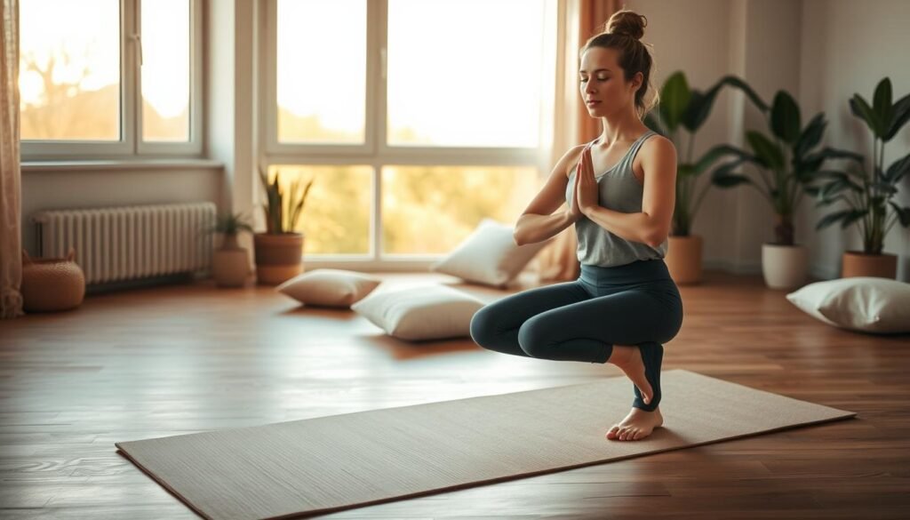 A serene indoor space designed for yoga practice, highlighting a calm atmosphere. In the foreground, a person in modest athletic clothing is performing a gentle yoga pose, such as the tree pose, with a peaceful expression. In the middle ground, a soft, textured yoga mat is laid on a wooden floor, surrounded by minimalistic decor, like plants and soft cushions. In the background, large windows allow warm, natural light to flood the room, enhancing the tranquil ambiance. The lighting is soft, casting gentle shadows. The overall mood is soothing and encouraging, ideal for anyone contemplating their fitness journey. Incorporate elements representative of "treningdnia.pl" through the environment.