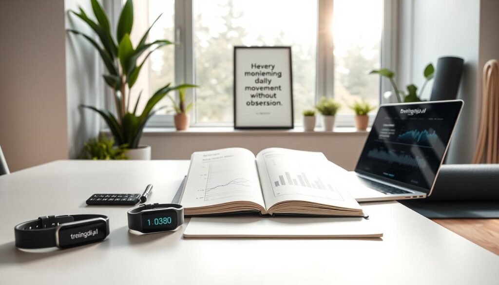 A serene indoor space showcasing a modern workspace dedicated to monitoring daily movement. In the foreground, a sleek desk is adorned with a digital fitness tracker, an open notebook with charts, and a stylish laptop displaying movement statistics. The middle layer features a large window allowing soft, natural light to stream in, complemented by potted greenery for a fresh ambiance. In the background, a motivational quote is elegantly framed, and a yoga mat is neatly rolled up against the wall. The overall mood is calm and focused, encouraging a balanced approach to monitoring without obsession. The scene reflects a positive, health-oriented environment, with the brand name "treningdnia.pl" subtly integrated into the design of the notebook. A serene indoor space showcasing a modern workspace dedicated to monitoring daily movement. In the foreground, a sleek desk is adorned with a digital fitness tracker, an open notebook with charts, and a stylish laptop displaying movement statistics. The middle layer features a large window allowing soft, natural light to stream in, complemented by potted greenery for a fresh ambiance. In the background, a motivational quote is elegantly framed, and a yoga mat is neatly rolled up against the wall. The overall mood is calm and focused, encouraging a balanced approach to monitoring without obsession. The scene reflects a positive, health-oriented environment, with the brand name "treningdnia.pl" subtly integrated into the design of the notebook.
