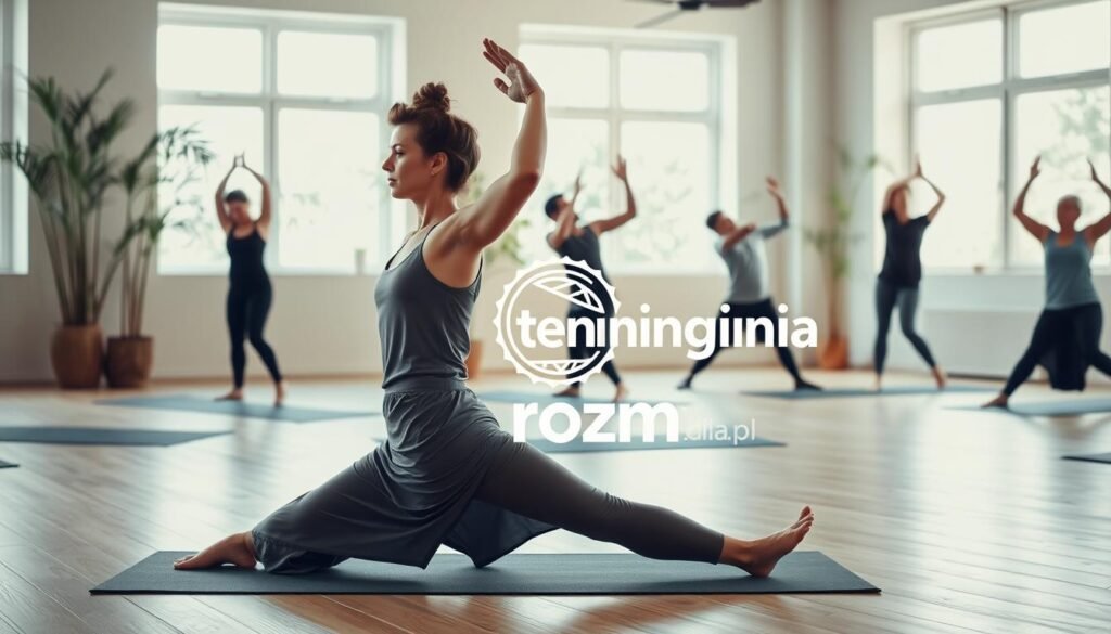 A serene indoor yoga studio featuring a diverse group of individuals engaged in stretching exercises, showcasing the importance of 'rozciąganie.' In the foreground, a woman in modest athletic attire elegantly performs a deep lunge stretch, exuding focus and calm. In the middle ground, a man and a woman practice partner stretches, highlighting collaboration and community. The background reveals soft, natural lighting filtering through large windows, illuminating bamboo plants and wooden floors, creating a tranquil atmosphere. The overall mood is motivational and encouraging, inspiring viewers to incorporate stretching into their daily routine. A logo for "treningdnia.pl" is subtly integrated into the studio decor, reinforcing the theme.