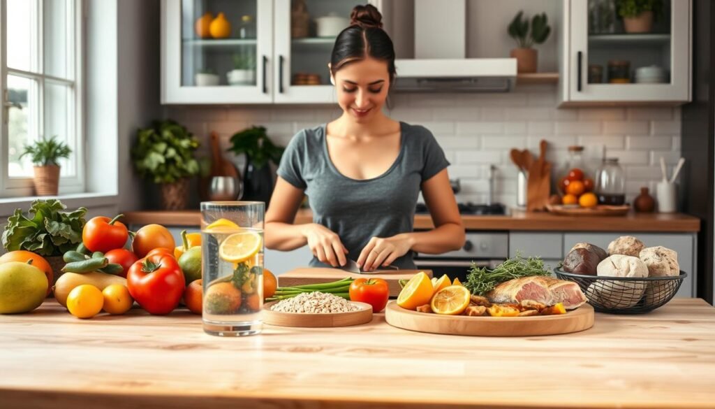 A serene kitchen setting showcasing a balanced, colorful meal preparation. In the foreground, a wooden table displays fresh fruits and vegetables arranged aesthetically alongside whole grains and lean proteins. A glass of water with lemon slices sits invitingly. In the middle ground, a fit woman in modest casual clothing is seen carefully chopping vegetables, focused and content. She has an expression of determination, embodying the theme of diet and regeneration. The background features gently lit cabinets filled with healthy food options and herbs. Soft, natural light streams through a window, creating a warm and inviting atmosphere. The overall mood conveys health, vitality, and balance, complementing the concept of diet and recovery in weight loss, inspired by "treningdnia.pl."