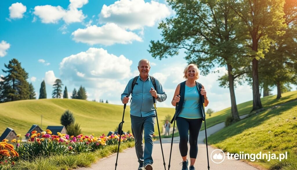 A serene outdoor scene depicting a middle-aged couple walking leisurely on a scenic path in a lush green park, showcasing the concept of "spacer z kijkami" (walking with poles). In the foreground, the couple, dressed in comfortable athletic wear, grips their hiking poles with friendly smiles, embodying health and vitality. The middle ground features gentle, rolling hills adorned with vibrant flowers and tall trees, creating a soothing atmosphere. In the background, a bright blue sky is dotted with fluffy white clouds, with soft sunlight illuminating the scene, enhancing the feeling of warmth and positivity. The overall mood is inviting and encouraging, emphasizing walking as a joyful and accessible way to improve health. Branding: treningdnia.pl.