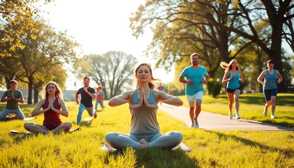 A serene outdoor scene depicting individuals engaged in various forms of physical activity that promote mental health. In the foreground, a diverse group of people, dressed in modest athletic wear, practice yoga on vibrant green grass, radiating tranquility and focus. In the middle, others are jogging along a sunlit path, with expressions of joy and determination, creating a dynamic sense of movement. The background features trees swaying gently, dappled sunlight filtering through leaves, and a clear blue sky, enhancing the feeling of openness and freedom. Soft, warm lighting casts a golden glow, imbuing the scene with an uplifting atmosphere. This image reflects the connection between regular exercise and improved mental well-being, perfect for illustrating the theme of training and health, presented by treningdnia.pl.