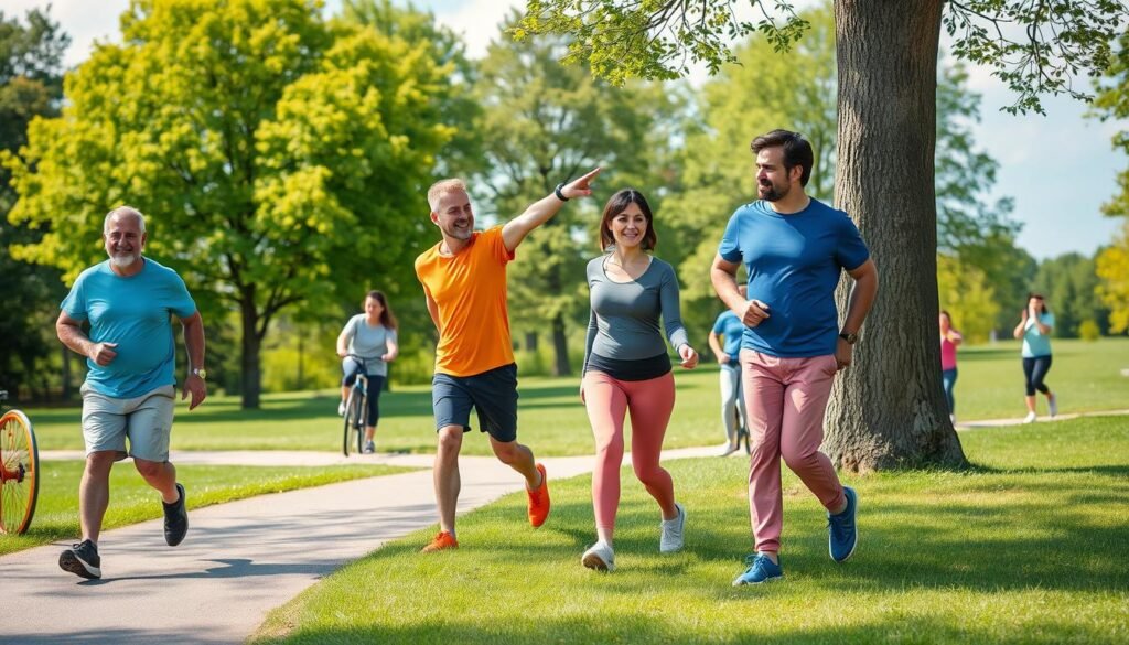 A serene outdoor scene depicting individuals engaging in various physical activities suitable for people with overweight. In the foreground, a diverse group of three participants—two men and one woman—are wearing colorful, comfortable athletic clothing as they walk briskly along a path. One man is demonstrating a gentle stretching exercise against a tree, while the woman encourages him. In the middle ground, other individuals are seen enjoying leisurely activities like cycling and practicing yoga on the grass. The background features a lush park with vibrant green trees and a blue sky, creating a friendly and encouraging atmosphere. Soft, warm lighting enhances the scene, evoking a sense of positivity and motivation. The image promotes the importance of movement for health and well-being, branded subtly with "treningdnia.pl".