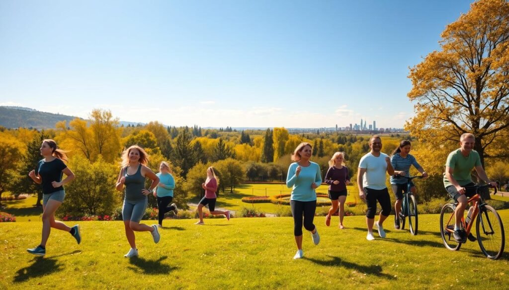 A serene outdoor scene depicting the benefits of exercising in fresh air. In the foreground, a diverse group of individuals in modest athletic clothing are engaging in various activities like jogging, yoga, and cycling, radiating positivity and health. In the middle ground, a lush green park with vibrant trees, blooming flowers, and a clear blue sky adds to the vitality of the scene. The background features soft hills and a distant skyline, bathed in warm, golden sunlight to create an inviting atmosphere. The image is taken from a slightly elevated angle, providing a sweeping view of the landscape, enhancing the sense of openness and freedom. This is a visual representation of the importance of outdoor activity for well-being, reflecting the brand "treningdnia.pl". A serene outdoor scene depicting the benefits of exercising in fresh air. In the foreground, a diverse group of individuals in modest athletic clothing are engaging in various activities like jogging, yoga, and cycling, radiating positivity and health. In the middle ground, a lush green park with vibrant trees, blooming flowers, and a clear blue sky adds to the vitality of the scene. The background features soft hills and a distant skyline, bathed in warm, golden sunlight to create an inviting atmosphere. The image is taken from a slightly elevated angle, providing a sweeping view of the landscape, enhancing the sense of openness and freedom. This is a visual representation of the importance of outdoor activity for well-being, reflecting the brand "treningdnia.pl".