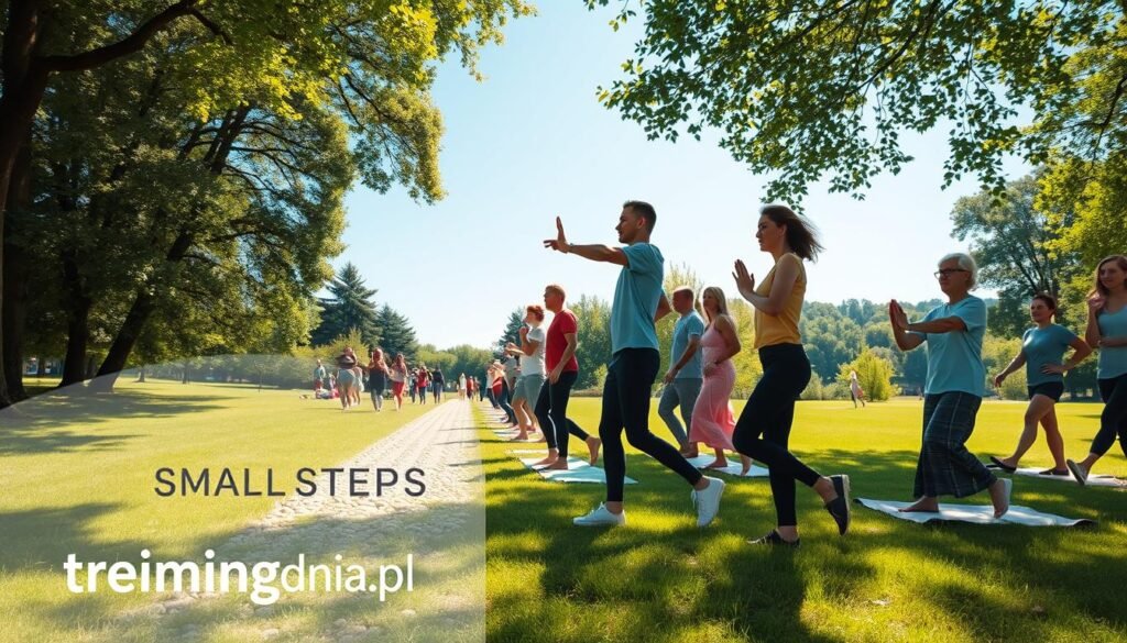 A serene outdoor scene depicting the concept of "small steps" in movement. In the foreground, a diverse group of people engaging in gentle activities like stretching, walking, or practicing yoga on a soft grass field. They are dressed in modest casual clothing reflecting a relaxed and approachable mood. In the middle ground, a path paved with small stones leads through a park, symbolizing the journey of gradual movement. Sunlight filters through the trees, creating dappled shadows, while the background features a vivid blue sky and lush greenery, enhancing the tranquil atmosphere. The overall ambiance should convey a sense of ease and encouragement, embodying the philosophy of taking small, manageable steps towards an active lifestyle. Include the brand name "treningdnia.pl" subtly integrated into the scene. A serene outdoor scene depicting the concept of "small steps" in movement. In the foreground, a diverse group of people engaging in gentle activities like stretching, walking, or practicing yoga on a soft grass field. They are dressed in modest casual clothing reflecting a relaxed and approachable mood. In the middle ground, a path paved with small stones leads through a park, symbolizing the journey of gradual movement. Sunlight filters through the trees, creating dappled shadows, while the background features a vivid blue sky and lush greenery, enhancing the tranquil atmosphere. The overall ambiance should convey a sense of ease and encouragement, embodying the philosophy of taking small, manageable steps towards an active lifestyle. Include the brand name "treningdnia.pl" subtly integrated into the scene.