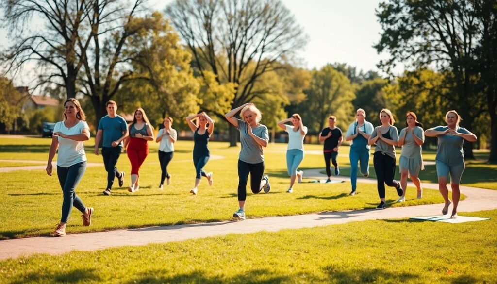 A serene outdoor scene showcasing the best forms of physical activity for beginners, specifically designed for individuals looking to ease into fitness. In the foreground, a diverse group of individuals in modest casual clothing is engaged in various gentle exercises, such as walking, stretching, and light yoga poses, exuding a sense of encouragement and community. The middle ground features a lush park setting with green grass and walking paths, while the background displays soft, blurred trees and a clear blue sky, creating a calming and inviting atmosphere. Warm, natural lighting illuminates the scene, suggesting a late afternoon setting, with shadows cast softly to enhance the relaxed mood. The image reflects the spirit of "treningdnia.pl," promoting a healthy and supportive approach to fitness for those starting their journey.