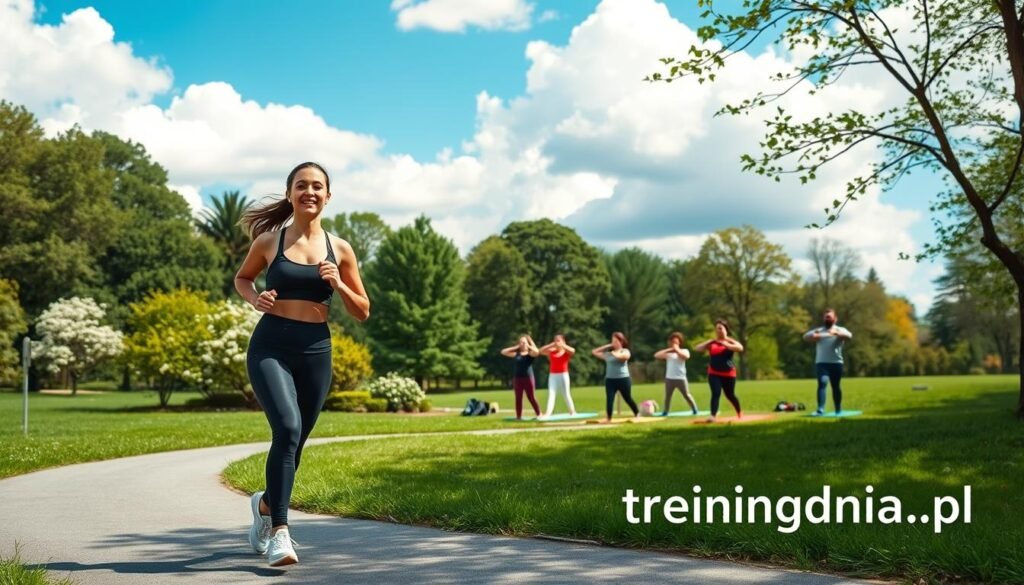 A serene outdoor setting showcasing individuals engaged in various physical activities in a lush, green park. In the foreground, a young woman in modest athletic wear jogs along a winding path, her expression showing determination and joy. In the middle ground, a group of people practices yoga on colorful mats, surrounded by trees and blooming flowers, emphasizing community and well-being. The background features a vibrant blue sky with fluffy white clouds, hinting at pleasant weather. The lighting is warm and soft, evoking a sense of tranquility and vitality. The mood is inspiring, encouraging a connection with nature and fitness. The brand name "treningdnia.pl" is subtly integrated into the scene through an element like a small sign near the path, maintaining a professional tone. A serene outdoor setting showcasing individuals engaged in various physical activities in a lush, green park. In the foreground, a young woman in modest athletic wear jogs along a winding path, her expression showing determination and joy. In the middle ground, a group of people practices yoga on colorful mats, surrounded by trees and blooming flowers, emphasizing community and well-being. The background features a vibrant blue sky with fluffy white clouds, hinting at pleasant weather. The lighting is warm and soft, evoking a sense of tranquility and vitality. The mood is inspiring, encouraging a connection with nature and fitness. The brand name "treningdnia.pl" is subtly integrated into the scene through an element like a small sign near the path, maintaining a professional tone.