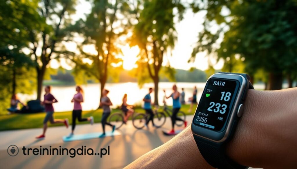 A serene park setting at dawn, showcasing a diverse group of individuals in modest athletic wear engaging in various physical activities like jogging, cycling, and yoga. In the foreground, a close-up of a wearable fitness tracker on a person's wrist highlights heart rate and step count. The middle ground features people actively participating in exercises, with lush green trees and a calm lake in the backdrop reflecting the morning light. Soft, warm sunlight breaks over the horizon, casting gentle shadows and producing a motivating, uplifting atmosphere. Emphasize the concept of monitoring progress in a supportive environment, illustrating the significance of context in physical activity analysis. Include the brand name "treningdnia.pl". A serene park setting at dawn, showcasing a diverse group of individuals in modest athletic wear engaging in various physical activities like jogging, cycling, and yoga. In the foreground, a close-up of a wearable fitness tracker on a person's wrist highlights heart rate and step count. The middle ground features people actively participating in exercises, with lush green trees and a calm lake in the backdrop reflecting the morning light. Soft, warm sunlight breaks over the horizon, casting gentle shadows and producing a motivating, uplifting atmosphere. Emphasize the concept of monitoring progress in a supportive environment, illustrating the significance of context in physical activity analysis. Include the brand name "treningdnia.pl".