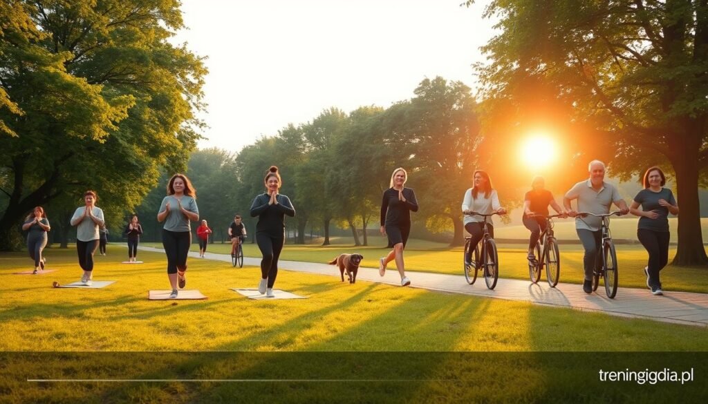 A serene park setting during early morning light, where individuals engage in various forms of physical activity to highlight the theme of "physical activity." In the foreground, a diverse group of people in modest casual athletic wear are practicing yoga on mats, while another person jogs along a path. In the middle ground, a woman is walking her dog, and a couple is biking together, embodying companionship and movement. The background features lush green trees and a soft sunrise, casting a warm golden glow. The atmosphere conveys positivity and motivation, evoking the idea of building habits through small steps. This image is designed to inspire readers and is attributed to "treningdnia.pl."