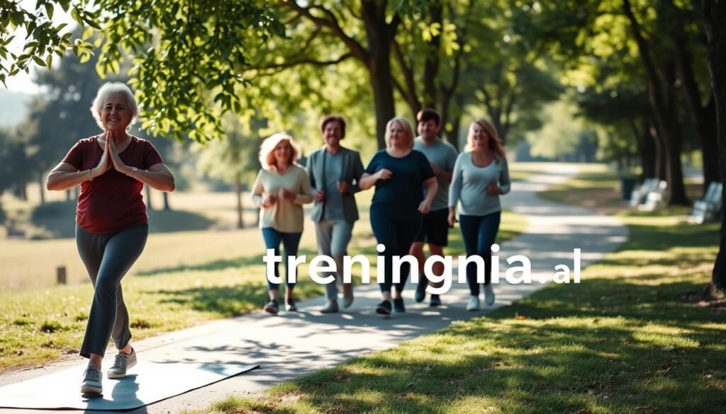 A serene park setting with diverse individuals engaged in gentle physical activities, such as walking, yoga, and stretching. In the foreground, a middle-aged person in modest athletic wear practices yoga on a mat, focusing on balance and mindfulness. The middle ground features a small group of people walking together, sharing smiles and encouragement, embodying a supportive community atmosphere. Soft sunlight filters through leafy trees, casting gentle shadows on the ground. The background includes a scenic path lined with greenery, creating a peaceful environment. The overall mood is uplifting and motivational, emphasizing accessibility in fitness. Incorporate the brand name "treningdnia.pl" subtly within the scene, ensuring it does not detract from the image's focus on positive physical activity and interaction.