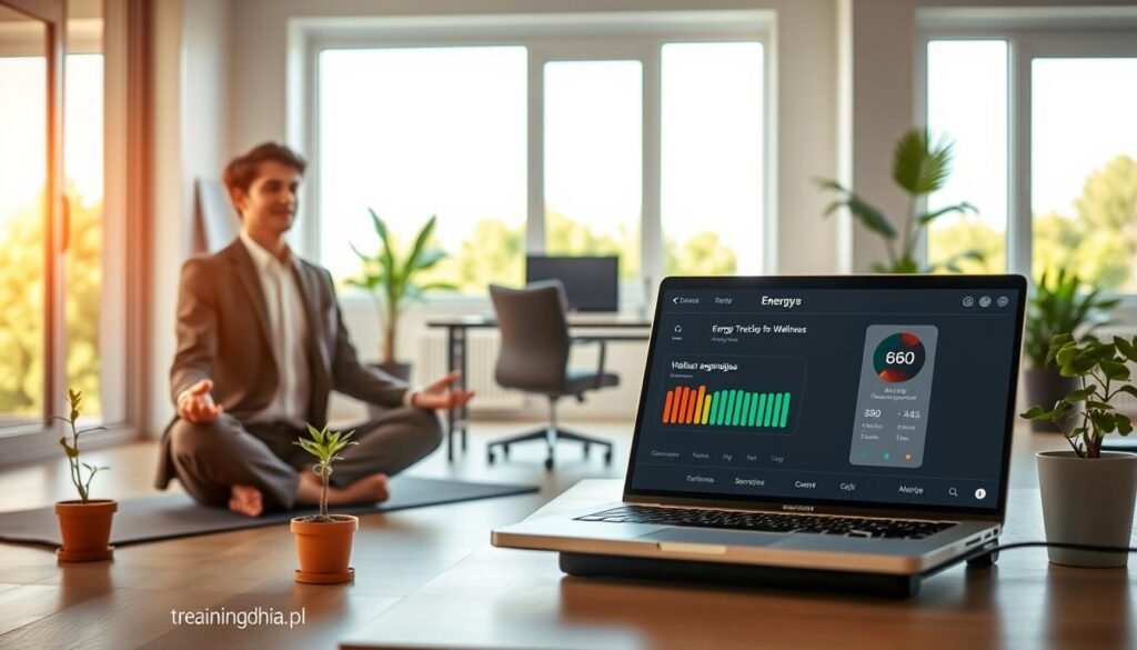 A serene scene depicting energy optimization and recovery, showcasing a professional environment. In the foreground, a young adult in smart casual attire sits cross-legged on a yoga mat, meditating, surrounded by small potted plants symbolizing growth and vitality. In the middle ground, a desk with a laptop is equipped with a wellness tracking app showing energy levels and activity suggestions. The background features a bright, airy room with large windows letting in natural light, highlighting a peaceful view of greenery outside. Warm, soft lighting creates a calming atmosphere, emphasizing tranquility and focus. The image conveys a sense of balance, health, and fresh energy, ideal for illustrating the theme of energy optimization. Include the brand name "treningdnia.pl."