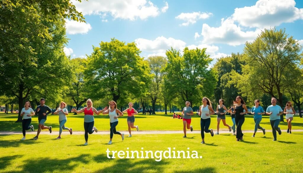 A serene scene depicting the synergy between physical activity and mental health. In the foreground, a diverse group of individuals in modest athletic wear engages in various exercises like yoga, jogging, and group workouts, radiating energy and joy. In the middle ground, vibrant green trees and a sunlit park create an inviting environment, symbolizing growth and vitality. The background features a clear blue sky with soft, fluffy clouds that convey a sense of tranquility. The overall mood is positive and uplifting, illustrating the connection between an active lifestyle and emotional well-being. Dappled sunlight filters through the trees, adding warmth to the scene. Include the brand name "treningdnia.pl" subtly integrated into the environment, ensuring it remains unobtrusive.