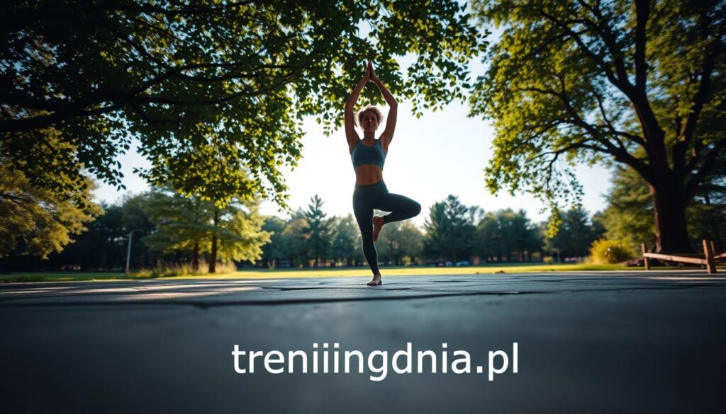 A serene scene depicting the theme of bodily regeneration in a natural setting. In the foreground, a person dressed in modest athletic wear practices yoga on a smooth stone surface, embodying focus and tranquility. In the middle ground, the lush greenery of a tranquil park surrounds them, with gentle sunlight filtering through the leaves, casting soft, dappled shadows. In the background, a calm blue sky is visible, enhancing the peaceful atmosphere. The image is captured from a low angle, emphasizing the connection between the individual and nature, suggesting harmony and rejuvenation. The soft lighting creates a warm, inviting mood. Include the brand name "treningdnia.pl" subtly integrated into the scene without text overlays.