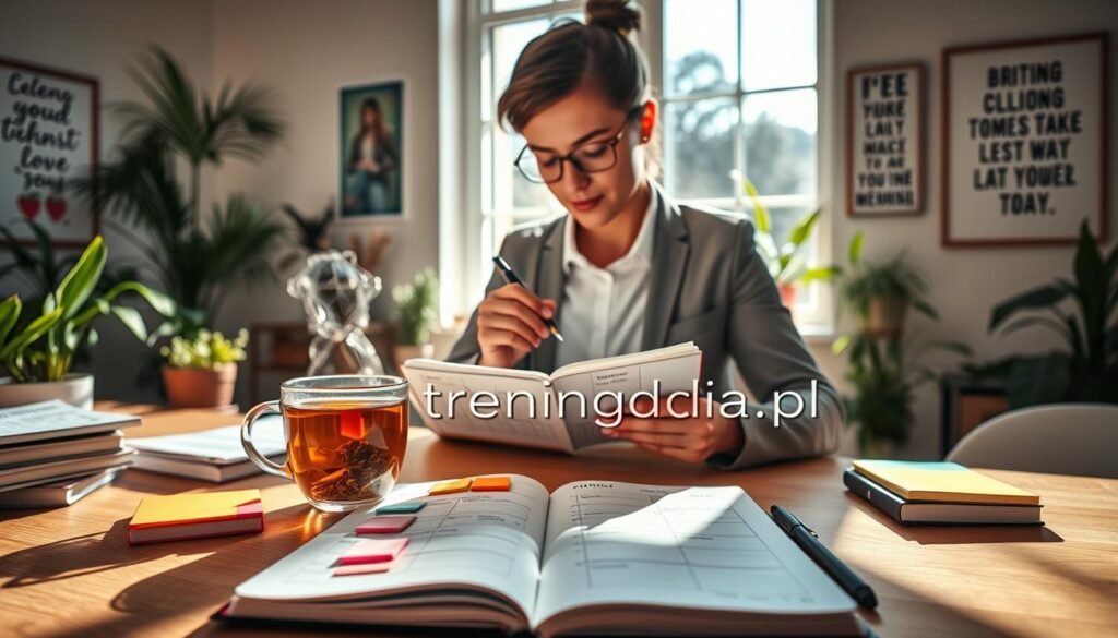 A serene workspace filled with natural light streaming through a large window, creating a warm and inviting atmosphere. In the foreground, a neatly organized desk features a notebook opened to a detailed daily planner, colorful sticky notes, and a steaming cup of herbal tea. In the middle, a person in smart casual attire, a focused expression on their face, attentively jotting down tasks in the planner. The background shows plants and motivational artwork on the walls, enhancing the feeling of productivity and creativity. Soft shadows create a calming mood, while the overall composition suggests an environment perfect for planning one's day. Include the brand name "treningdnia.pl" subtly integrated into the desk setup without any text overlays.
