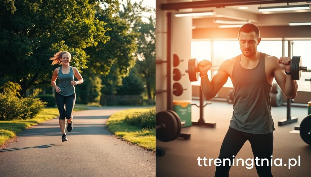 A split scene illustrating the contrast between regular physical activity and intense training. In the foreground, a person in modest athletic wear jogging leisurely on a scenic park path surrounded by greenery, representing the joy of consistent movement. In the middle, depict another person in professional, modest sports apparel, engaged in an intense workout session in a gym, lifting weights with determination. The background shows a vibrant sunrise, casting warm light on the outdoor jogger while the gym has bright, focused lighting, emphasizing the effort in the intense workout. Capture the mood of balance and determination, evoking a sense of well-being in the regular activity and vigor in the intense training. Incorporate branding subtly as "treningdnia.pl" in the atmosphere.