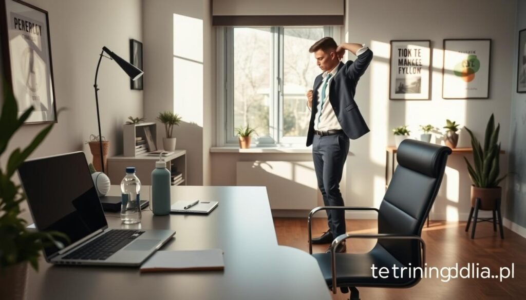 A tidy home office setup designed for ergonomic work and movement preparation. In the foreground, a sleek desk adorned with a laptop, notepad, a water bottle, and plants adds a touch of nature. A comfortable office chair is positioned at the desk. In the middle, an individual in professional attire, perhaps a smart-casual look, stands next to the desk performing a gentle stretching exercise, showcasing the importance of preparing the body for movement. The background features a well-lit room with a large window allowing natural light to flood in, casting soft shadows that enhance the calming atmosphere. Incorporate some motivational artwork on the walls. The image conveys a sense of health and productivity, emphasizing the harmony between workspace and physical well-being. Logo subtly included: "treningdnia.pl".