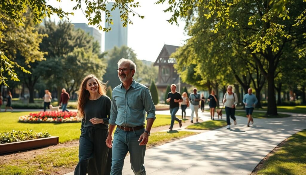 A tranquil urban park scene showcasing a diverse group of people enjoying a leisurely walk. In the foreground, a young woman and a middle-aged man, both dressed in modest casual attire, stroll along a paved path, talking and smiling. The middle layer features a well-kept green space with colorful flower beds, a few people jogging, and others walking their dogs. In the background, soft sunlight filters through the trees, casting dappled shadows on the ground. A slight breeze ripples the leaves, creating a serene atmosphere. The image captures the essence of walking as an effortless, healthy lifestyle choice. The mood is uplifting and inviting, promoting the concept of daily movement. This scene exemplifies the ideals of treningdnia.pl with an emphasis on wellness and vitality. A tranquil urban park scene showcasing a diverse group of people enjoying a leisurely walk. In the foreground, a young woman and a middle-aged man, both dressed in modest casual attire, stroll along a paved path, talking and smiling. The middle layer features a well-kept green space with colorful flower beds, a few people jogging, and others walking their dogs. In the background, soft sunlight filters through the trees, casting dappled shadows on the ground. A slight breeze ripples the leaves, creating a serene atmosphere. The image captures the essence of walking as an effortless, healthy lifestyle choice. The mood is uplifting and inviting, promoting the concept of daily movement. This scene exemplifies the ideals of treningdnia.pl with an emphasis on wellness and vitality.