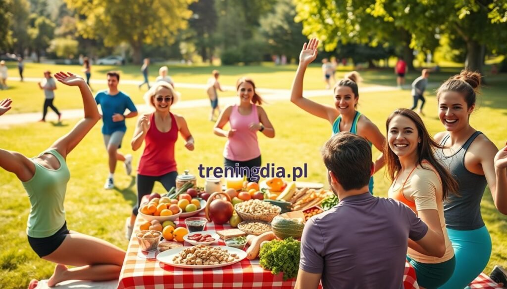 A vibrant and dynamic scene illustrating the connection between physical activity and healthy eating habits. In the foreground, depict a diverse group of individuals engaged in various exercises, dressed in professional sports attire, showcasing energy and enthusiasm. In the middle ground, include a brightly colored picnic table filled with healthy foods like fruits, vegetables, and whole grains, symbolizing nutrition. The background features a sunny park with greenery and people jogging or walking, emphasizing a community atmosphere. Soft, warm lighting enhances the positive mood, with a focus on the joyful expressions of the participants. Use a slight upward angle to create an uplifting perspective, and ensure the scene conveys harmony between activity and healthy eating. Include a subtle logo for "treningdnia.pl" incorporated into the picnic setup, reinforcing the theme.