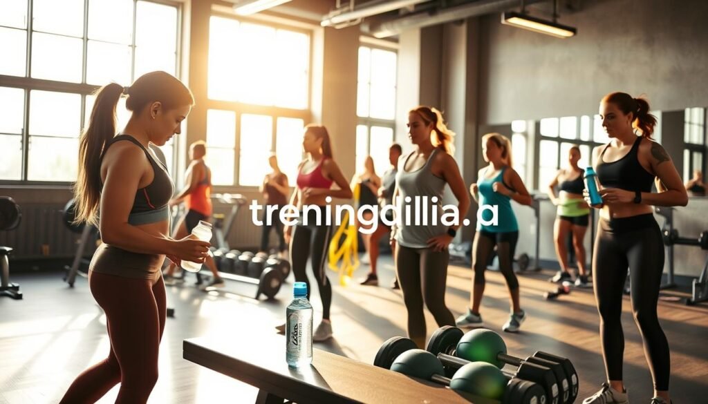 A vibrant and energetic indoor gym scene focusing on hydration in training. In the foreground, a diverse group of athletes clad in modest athletic attire are actively engaged in their workouts, with one individual reaching for a water bottle placed on a nearby bench. In the middle ground, various workout equipment such as dumbbells and resistance bands are arranged neatly, reflecting a motivating training environment. The background features large windows letting in warm, natural light that creates a bright and inviting atmosphere. The overall mood is energetic and focused, emphasizing the importance of hydration for improved performance. Include the logo "treningdnia.pl" subtly integrated into the gym environment, like on a wall or a water bottle. A vibrant and energetic indoor gym scene focusing on hydration in training. In the foreground, a diverse group of athletes clad in modest athletic attire are actively engaged in their workouts, with one individual reaching for a water bottle placed on a nearby bench. In the middle ground, various workout equipment such as dumbbells and resistance bands are arranged neatly, reflecting a motivating training environment. The background features large windows letting in warm, natural light that creates a bright and inviting atmosphere. The overall mood is energetic and focused, emphasizing the importance of hydration for improved performance. Include the logo "treningdnia.pl" subtly integrated into the gym environment, like on a wall or a water bottle.