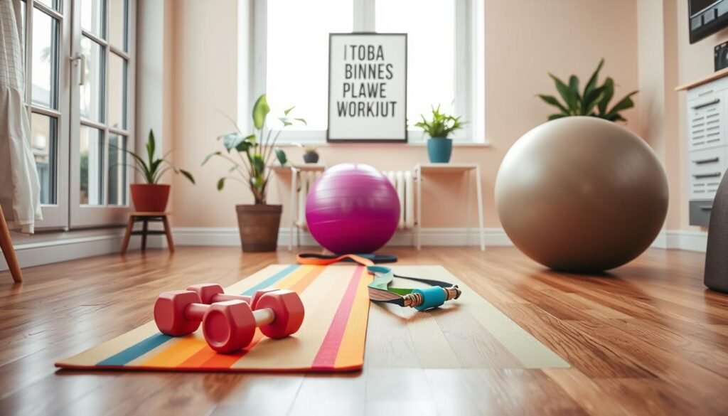 A vibrant and organized home workout space featuring essential exercise accessories. In the foreground, a colorful yoga mat and a set of dumbbells sit neatly on a polished wooden floor. The middle section showcases a versatile resistance band and a stability ball, adding variety to the workout environment. In the background, a large window lets in soft, natural light, illuminating a potted plant and a motivational poster on a pastel-colored wall. The atmosphere is energetic yet calming, inspiring a sense of fitness and well-being. The scene is staged with a contemporary aesthetic, conveying a motivational vibe tailored for home exercising. Brand name: treningdnia.pl.
