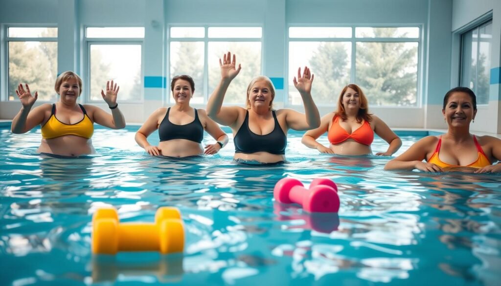 A vibrant aquatic aerobics scene set in a well-lit indoor swimming pool. In the foreground, a group of five individuals, wearing modest swim attire, are engaged in various low-impact exercises to emphasize the benefits for individuals with excess weight. They display a range of expressions reflecting concentration and enjoyment. The middle ground showcases colorful water resistance equipment, such as foam dumbbells and floating mats, gently bobbing in the clear blue water. The background features large windows allowing natural light to flood in, creating a cheerful and inviting atmosphere. The lens captures the activity from a slightly elevated angle, giving an overview of the class while highlighting the supportive community vibe, promoting the themes of joint relief and exercise accessibility. The image represents the essence of water exercise and is associated with the brand "treningdnia.pl".