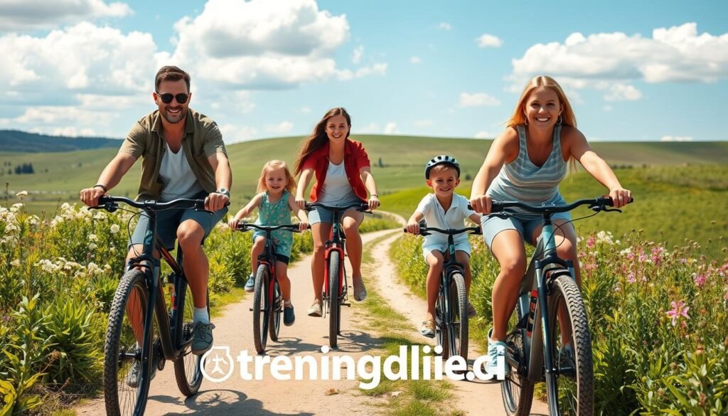 A vibrant family biking adventure on a lush, sunny day, featuring four smiling family members of diverse backgrounds riding their bicycles along a scenic trail. In the foreground, the parents, dressed in casual, comfortable clothing, are guiding their two children, who are joyfully pedaling. Lush greenery and blooming wildflowers frame the path, creating a lively atmosphere. In the background, gentle hills and a clear blue sky with fluffy white clouds enhance the feeling of adventure. Use warm, natural lighting to evoke a sense of happiness and togetherness. This image should convey a sense of bonding and promote the idea of family fitness through cycling. Include the branding "treningdnia.pl" subtly integrated into the scenery, ensuring it does not distract from the main focus of the image. A vibrant family biking adventure on a lush, sunny day, featuring four smiling family members of diverse backgrounds riding their bicycles along a scenic trail. In the foreground, the parents, dressed in casual, comfortable clothing, are guiding their two children, who are joyfully pedaling. Lush greenery and blooming wildflowers frame the path, creating a lively atmosphere. In the background, gentle hills and a clear blue sky with fluffy white clouds enhance the feeling of adventure. Use warm, natural lighting to evoke a sense of happiness and togetherness. This image should convey a sense of bonding and promote the idea of family fitness through cycling. Include the branding "treningdnia.pl" subtly integrated into the scenery, ensuring it does not distract from the main focus of the image.