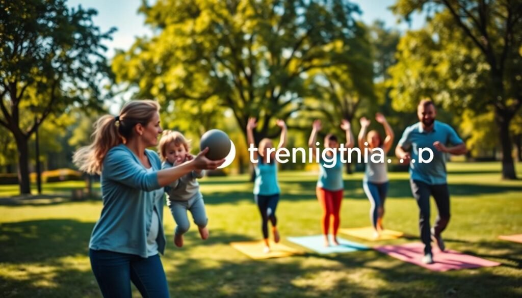A vibrant, family-oriented scene depicting various family members engaged in physical activities together in a park. In the foreground, a mother and a father play catch with their young child, showcasing joy and teamwork. In the middle ground, a group of friends enjoys a group workout session, doing yoga on colorful mats. The background features lush green trees and a clear blue sky, radiating warmth and positivity. Soft, natural lighting illuminates the scene, creating a friendly and inviting atmosphere that inspires activity. The perspective is slightly elevated, providing a comprehensive view of this lively environment. Incorporate the branding "treningdnia.pl" subtly in the design of the equipment used, ensuring it blends seamlessly into the scene without drawing focus. A vibrant, family-oriented scene depicting various family members engaged in physical activities together in a park. In the foreground, a mother and a father play catch with their young child, showcasing joy and teamwork. In the middle ground, a group of friends enjoys a group workout session, doing yoga on colorful mats. The background features lush green trees and a clear blue sky, radiating warmth and positivity. Soft, natural lighting illuminates the scene, creating a friendly and inviting atmosphere that inspires activity. The perspective is slightly elevated, providing a comprehensive view of this lively environment. Incorporate the branding "treningdnia.pl" subtly in the design of the equipment used, ensuring it blends seamlessly into the scene without drawing focus.