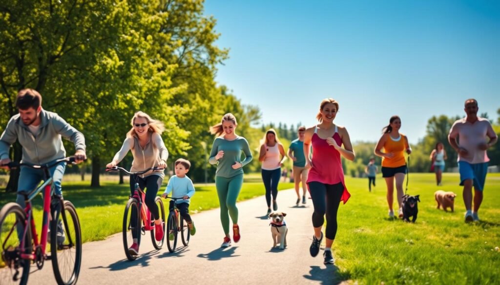 A vibrant family scene demonstrating healthy movement habits in daily life. In the foreground, a diverse family of four—parents in modest casual clothing and children in comfortable sportswear—are engaging in outdoor activities such as cycling and playing frisbee in a sunlit park. The middle of the image features a jogging path with families walking their dogs and others participating in outdoor exercises, showcasing various age groups and fitness levels. The background reveals lush greenery and a clear blue sky, emphasizing a warm, inviting atmosphere. Soft, natural lighting enhances the scene, creating a joyful and motivating environment that encourages active lifestyles. Overall, the image embodies the spirit of "treningdnia.pl" by promoting family engagement in physical activity. A vibrant family scene demonstrating healthy movement habits in daily life. In the foreground, a diverse family of four—parents in modest casual clothing and children in comfortable sportswear—are engaging in outdoor activities such as cycling and playing frisbee in a sunlit park. The middle of the image features a jogging path with families walking their dogs and others participating in outdoor exercises, showcasing various age groups and fitness levels. The background reveals lush greenery and a clear blue sky, emphasizing a warm, inviting atmosphere. Soft, natural lighting enhances the scene, creating a joyful and motivating environment that encourages active lifestyles. Overall, the image embodies the spirit of "treningdnia.pl" by promoting family engagement in physical activity.