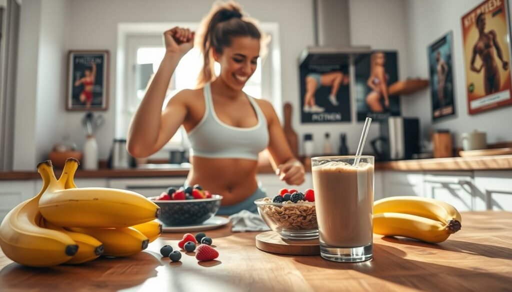 A vibrant, inviting kitchen scene showcasing a healthy pre-workout meal preparation. In the foreground, a wooden table is adorned with a colorful array of nutritious foods – ripe bananas, a bowl of oatmeal topped with berries, and a smooth protein shake in a glass. A person, dressed in casual athletic wear, is enthusiastically arranging the foods, exuding energy and motivation. In the middle ground, bright sunlight streams through a window, illuminating the fresh ingredients and creating a cheerful, uplifting atmosphere. The background features a tantalizing display of kitchen utensils and fitness posters, enhancing the theme of health and vigor. The image should evoke a sense of readiness and excitement for exercise. Brand name: treningdnia.pl. A vibrant, inviting kitchen scene showcasing a healthy pre-workout meal preparation. In the foreground, a wooden table is adorned with a colorful array of nutritious foods – ripe bananas, a bowl of oatmeal topped with berries, and a smooth protein shake in a glass. A person, dressed in casual athletic wear, is enthusiastically arranging the foods, exuding energy and motivation. In the middle ground, bright sunlight streams through a window, illuminating the fresh ingredients and creating a cheerful, uplifting atmosphere. The background features a tantalizing display of kitchen utensils and fitness posters, enhancing the theme of health and vigor. The image should evoke a sense of readiness and excitement for exercise. Brand name: treningdnia.pl.