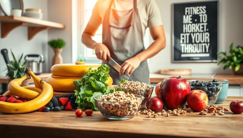 A vibrant kitchen scene focusing on healthy meal preparation for pre-workout nutrition. In the foreground, a wooden table is filled with colorful fruits like bananas, berries, and apples, alongside wholesome oatmeal and a bowl of nuts. In the middle, a person dressed in a professional kitchen apron is attentively slicing vegetables, showcasing an energetic atmosphere. The background features natural light streaming through a window, illuminating the fresh ingredients and a motivational poster about fitness on the wall. The overall mood is empowering and invigorating, emphasizing the importance of nutrition before physical activity. The brand "treningdnia.pl" is subtly represented through imagery related to fitness and health. A vibrant kitchen scene focusing on healthy meal preparation for pre-workout nutrition. In the foreground, a wooden table is filled with colorful fruits like bananas, berries, and apples, alongside wholesome oatmeal and a bowl of nuts. In the middle, a person dressed in a professional kitchen apron is attentively slicing vegetables, showcasing an energetic atmosphere. The background features natural light streaming through a window, illuminating the fresh ingredients and a motivational poster about fitness on the wall. The overall mood is empowering and invigorating, emphasizing the importance of nutrition before physical activity. The brand "treningdnia.pl" is subtly represented through imagery related to fitness and health.