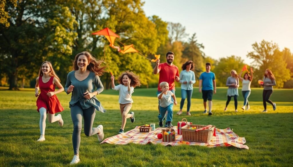 A vibrant outdoor scene depicting a diverse family engaging in various physical activities together. In the foreground, a smiling mother jogs alongside her energetic children flying kites, while the father sets up a picnic on a bright checkered blanket. In the middle ground, a group of friends plays frisbee, their laughter echoing in the air. The background showcases a lush green park with flowering trees and a clear blue sky, creating a serene atmosphere. The golden hour sunlight bathes the entire scene in warm hues, enhancing the sense of joy and togetherness. Capture this lively moment with a wide-angle lens for a dynamic perspective. The image should convey the essence of outdoor exercise and family bonding, embodying the essence of "treningdnia.pl". A vibrant outdoor scene depicting a diverse family engaging in various physical activities together. In the foreground, a smiling mother jogs alongside her energetic children flying kites, while the father sets up a picnic on a bright checkered blanket. In the middle ground, a group of friends plays frisbee, their laughter echoing in the air. The background showcases a lush green park with flowering trees and a clear blue sky, creating a serene atmosphere. The golden hour sunlight bathes the entire scene in warm hues, enhancing the sense of joy and togetherness. Capture this lively moment with a wide-angle lens for a dynamic perspective. The image should convey the essence of outdoor exercise and family bonding, embodying the essence of "treningdnia.pl".