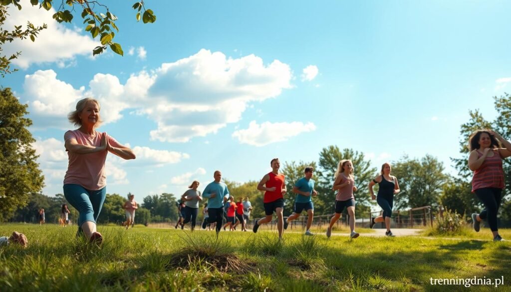 A vibrant outdoor scene depicting diverse individuals engaging in various forms of physical activity without equipment. In the foreground, a middle-aged woman practices yoga on a grassy patch, radiating calm and focus. Nearby, a young man performs bodyweight exercises like push-ups and squats, exuding energy and determination. In the middle ground, a group jogs along a scenic path lined with trees, showcasing teamwork and fitness. The background features a bright blue sky with fluffy clouds, creating a cheerful, uplifting atmosphere. Gentle sunlight filters through the leaves, casting soft shadows. Capture the essence of community and health, reflecting the theme of "treningdnia.pl" with an inspiring and motivating ambiance.