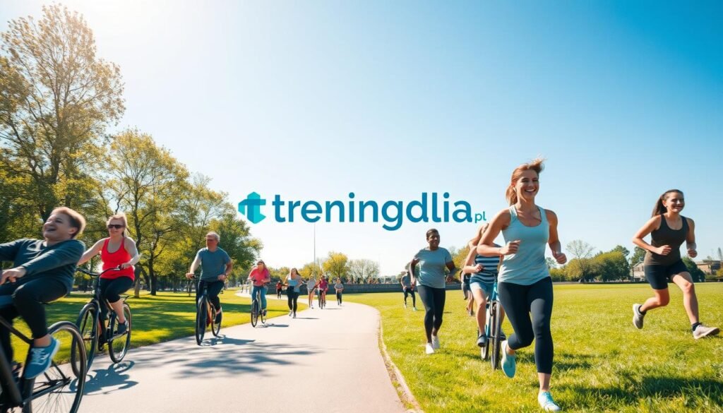 A vibrant outdoor scene showcasing individuals engaged in various physical activities, reflecting the essence of daily movement as a lifestyle. In the foreground, a diverse group of people in modest, athletic attire happily cycling and jogging on a sunlit path, promoting health and vitality. The middle ground features a lush park with trees and green grass, creating an inviting atmosphere. In the background, a clear blue sky adds to the sense of freedom and energy. Soft, natural lighting enhances the cheerful mood, with a focus on the participants' smiles and commitment to fitness. The image conveys a feeling of community and joy in everyday physical activity, embodying the idea of investing in a healthier future. Include the brand name "treningdnia.pl" subtly integrated into the scene. A vibrant outdoor scene showcasing individuals engaged in various physical activities, reflecting the essence of daily movement as a lifestyle. In the foreground, a diverse group of people in modest, athletic attire happily cycling and jogging on a sunlit path, promoting health and vitality. The middle ground features a lush park with trees and green grass, creating an inviting atmosphere. In the background, a clear blue sky adds to the sense of freedom and energy. Soft, natural lighting enhances the cheerful mood, with a focus on the participants' smiles and commitment to fitness. The image conveys a feeling of community and joy in everyday physical activity, embodying the idea of investing in a healthier future. Include the brand name "treningdnia.pl" subtly integrated into the scene.