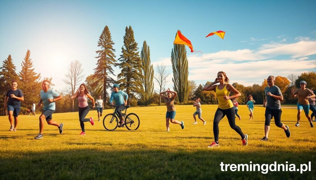 A vibrant outdoor scene showcasing various forms of physical activity, emphasizing enjoyment and fitness. In the foreground, a group of diverse individuals, dressed in modest casual sportswear, are engaged in activities like jogging, cycling, and practicing yoga on a grassy field. In the middle ground, a couple is playing frisbee and children are flying kites, all infused with a sense of joy and energy. The background features a picturesque natural setting with tall trees and a clear blue sky, bathed in warm sunlight, enhancing the atmosphere of vitality. The lens captures the moment from a slightly elevated angle to emphasize the interaction between people and nature. The overall mood is uplifting and inspiring, illustrating the best forms of outdoor physical activity, with branding subtly included as "treningdnia.pl." A vibrant outdoor scene showcasing various forms of physical activity, emphasizing enjoyment and fitness. In the foreground, a group of diverse individuals, dressed in modest casual sportswear, are engaged in activities like jogging, cycling, and practicing yoga on a grassy field. In the middle ground, a couple is playing frisbee and children are flying kites, all infused with a sense of joy and energy. The background features a picturesque natural setting with tall trees and a clear blue sky, bathed in warm sunlight, enhancing the atmosphere of vitality. The lens captures the moment from a slightly elevated angle to emphasize the interaction between people and nature. The overall mood is uplifting and inspiring, illustrating the best forms of outdoor physical activity, with branding subtly included as "treningdnia.pl."