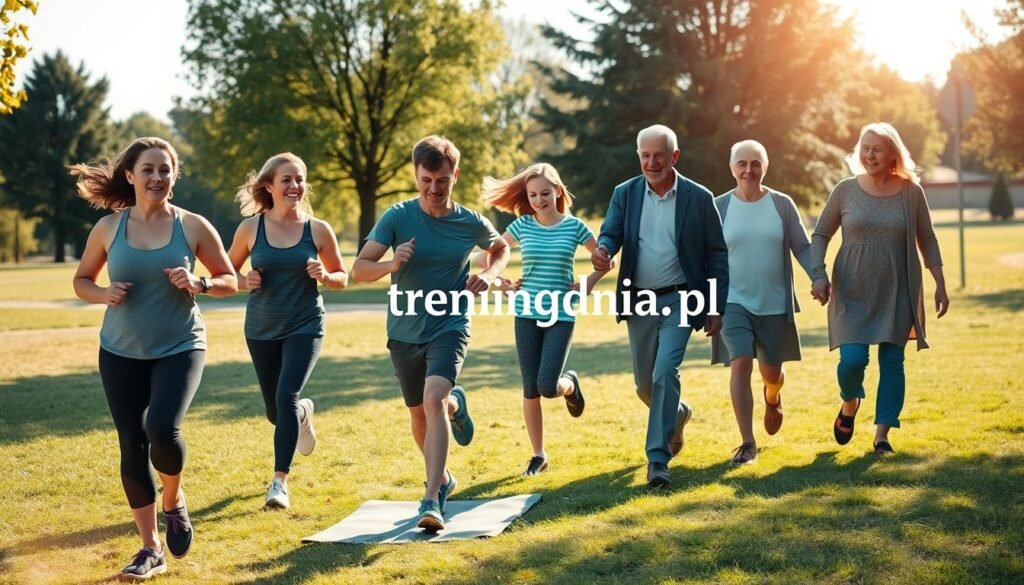 A vibrant scene depicting a diverse group of people engaging in various physical activities in a sunny park environment. In the foreground, a middle-aged woman in modest athletic wear is jogging, while a young man practices yoga on a mat. The middle section features children playing soccer, showcasing teamwork and energy. In the background, an older couple is walking hand-in-hand, smiling and enjoying their time outdoors. The lighting is bright and cheerful, reflecting a warm, sunny day, enhancing the energetic and uplifting atmosphere. The image embodies the importance of daily physical activity and healthy habits for all age groups, with a focus on balanced lifestyles. The branding "treningdnia.pl" is subtly integrated into a background element, such as a park sign.