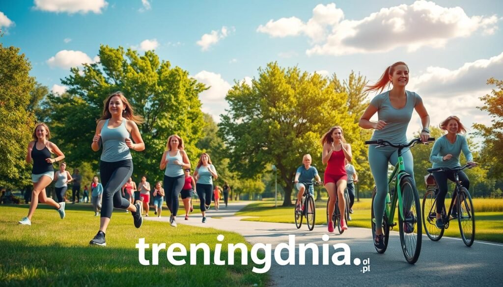 A vibrant scene depicting physical activity as the foundation of a healthy lifestyle. In the foreground, a diverse group of individuals engaging in various forms of exercise, such as jogging, yoga, and cycling, all dressed in modest athletic wear. The middle ground features a bright park with lush greenery, showcasing trees and a walking path. In the background, a clear blue sky with soft, fluffy clouds creates an uplifting atmosphere. The lighting is warm and inviting, suggesting late afternoon sun, casting gentle shadows. This dynamic and energetic composition reflects the importance of daily physical activity in promoting healthy habits. The image should incorporate the brand name "treningdnia.pl" subtly in the scene.