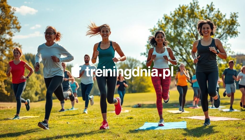 A vibrant scene depicting various people engaging in different forms of physical activity. In the foreground, a diverse group of individuals dressed in professional athletic attire are jogging and doing stretches in a sunlit park, showcasing enthusiasm and commitment. In the middle ground, others can be seen practicing yoga on colorful mats and playing sports like basketball, their expressions reflecting joy and focus. The background features a lush green landscape with trees and a clear blue sky, emphasizing a sense of freedom and vitality. Soft, warm lighting enhances the uplifting atmosphere. The image captures the essence of regular physical activity transforming lives. Highlight the brand name "treningdnia.pl" subtly through visual elements like a branded water bottle or a small banner within the park scene.