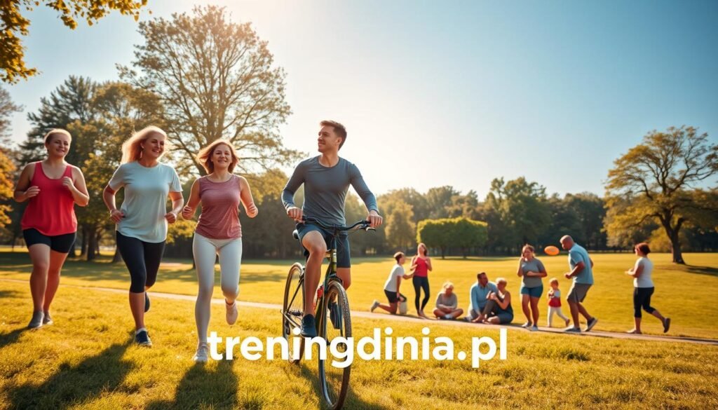 A vibrant scene of daily physical activity showcasing diverse individuals engaging in various exercises. In the foreground, three people—one jogging, another practicing yoga, and a third cycling—demonstrate harmony and vitality, all dressed in modest active wear. The middle section reveals a lush park with green trees and a clear blue sky, where families play frisbee and friends enjoy a group workout on the grass. In the background, a bright sun illuminates the landscape, creating a warm and inviting atmosphere. The image should capture the essence of wellness and joy in everyday movement, reflecting the importance of regular physical activity for overall well-being. Styled with soft, natural lighting to enhance the positive mood. Brand name "treningdnia.pl" subtly incorporated into the scene.