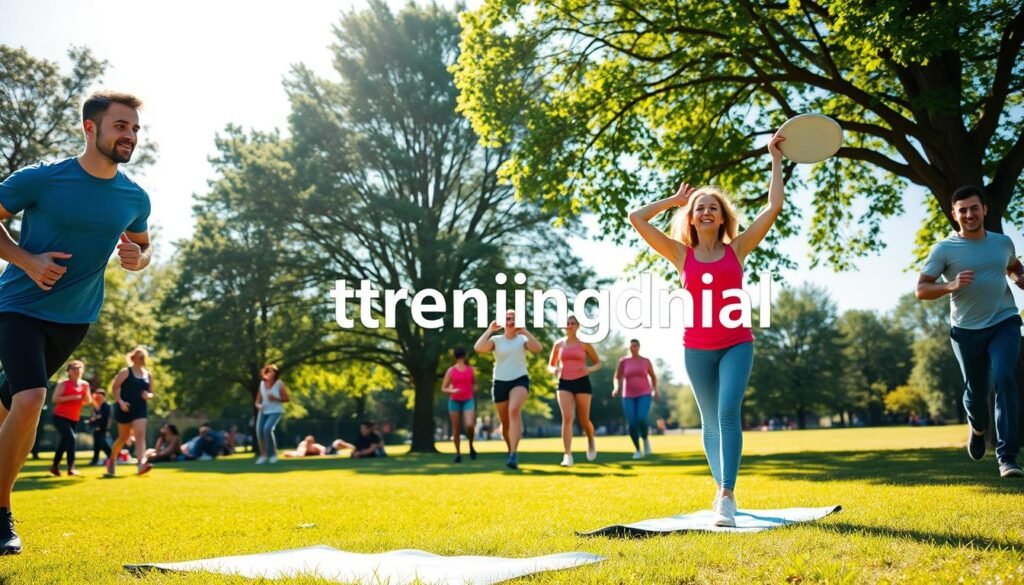 A vibrant scene of diverse individuals engaging in various forms of physical activities in a sunny park. In the foreground, a man in a blue athletic shirt and black shorts jogs energetically, while a woman in a bright red tank top performs yoga poses on a mat. In the middle, a group of friends is playing frisbee and laughing, radiating joy and camaraderie. The background features lush green trees and a clear blue sky, enhancing the sense of outdoor vitality. Soft sunlight filters through the leaves, casting dynamic shadows on the grass. The atmosphere is filled with motivation and positivity, embodying the essence of fitness and health. The image showcases the brand name "treningdnia.pl" subtly integrated into the natural surroundings, promoting an active lifestyle.