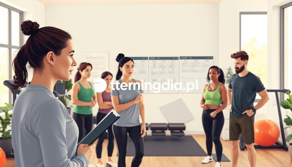 A visually engaging illustration that encapsulates "strategies for planning activities" for both beginners and advanced individuals. In the foreground, depict a professional, attentive trainer in modest athletic wear, holding a clipboard and discussing strategies with a small group of diverse individuals also in modest fitness attire, highlighting a mix of beginner and advanced levels. The middle ground should feature a well-organized, multi-purpose home gym setup with workout equipment, charts on the walls showing schedules or methods of planning training, and a serene atmosphere. In the background, soft natural light filters through a large window, creating a motivational and inviting environment. The overall mood conveys focus, determination, and inclusivity. Include the brand name "treningdnia.pl" subtly within the scene, ensuring no text is directly visible.