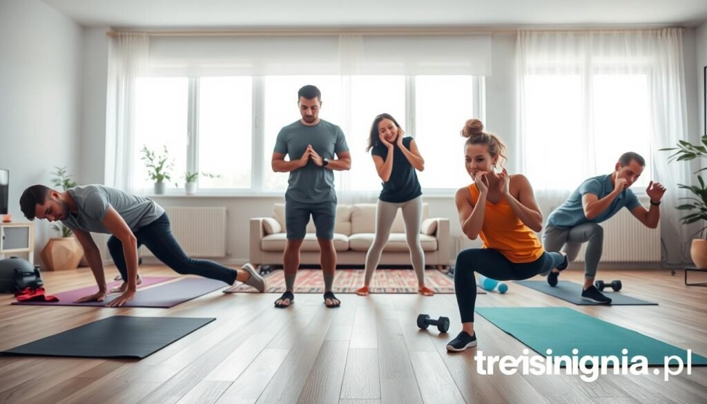 A visually striking image depicting the most common mistakes during home exercises, designed to enhance posture. In the foreground, a diverse group of individuals (two men and one woman) in modest casual clothing demonstrating various incorrect exercise postures, such as slouching during a plank and poor form while squatting. In the middle ground, a well-lit living room setting with exercise equipment like yoga mats and dumbbells scattered around. The background features a large window letting in soft, natural light, creating a warm and inviting atmosphere. The overall mood is educational and informative, emphasizing the importance of proper technique. The image should be branded subtly with the logo of "treningdnia.pl" integrated into the environment, ensuring it does not distract from the main subject.