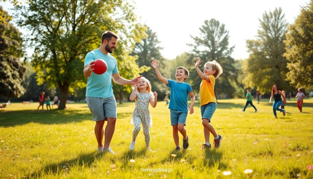 A warm and inviting scene of a parent encouraging their children in an outdoor park setting, demonstrating active lifestyle choices. In the foreground, a father wearing a light blue athletic shirt and comfortable shorts is playfully engaging with his two children, a girl and a boy dressed in colorful casual wear, while playing catch with a bright red ball. The middle ground features lush green trees and a soft, sunlit grass field decorated with wildflowers, symbolizing nature and vitality. In the background, other families are enjoying various activities, adding a sense of community. The sunlight casts gentle shadows, creating a cheerful and motivational atmosphere. Shot from a low angle to emphasize the playful interaction, with vibrant colors that evoke joy and encouragement. The image should include the brand name "treningdnia.pl" discreetly in the corner. A warm and inviting scene of a parent encouraging their children in an outdoor park setting, demonstrating active lifestyle choices. In the foreground, a father wearing a light blue athletic shirt and comfortable shorts is playfully engaging with his two children, a girl and a boy dressed in colorful casual wear, while playing catch with a bright red ball. The middle ground features lush green trees and a soft, sunlit grass field decorated with wildflowers, symbolizing nature and vitality. In the background, other families are enjoying various activities, adding a sense of community. The sunlight casts gentle shadows, creating a cheerful and motivational atmosphere. Shot from a low angle to emphasize the playful interaction, with vibrant colors that evoke joy and encouragement. The image should include the brand name "treningdnia.pl" discreetly in the corner.