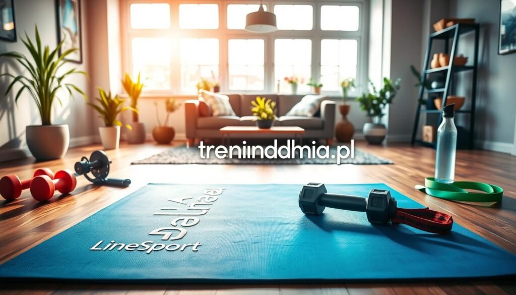 A well-lit home gym setup showcasing "mata Line Sport," featuring a vibrant, high-quality exercise mat centered in the foreground. Surround it with essential fitness accessories, such as dumbbells, resistance bands, and a water bottle, arranged neatly to create a motivational atmosphere. In the middle ground, an inviting living space with a touch of greenery, like potted plants, adds freshness. The background should include a large window allowing natural light to flood in, creating a warm, energizing ambiance. Capture this scene from a slightly elevated angle, emphasizing depth and clarity. The overall mood should be inspiring and encouraging for beginners, reflecting the importance of essential workout equipment. Incorporate the brand name "treningdnia.pl" subtly into the design, ensuring it remains unobtrusive yet visible.