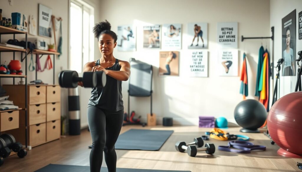 A well-organized home gym environment, showcasing a variety of workout equipment like dumbbells, a yoga mat, resistance bands, and a stability ball. In the foreground, focus on a fitness enthusiast of diverse ethnicity, dressed in modest, sporty attire, performing an exercise, emphasizing form and determination. In the middle ground, display a neatly arranged space with motivational posters on the wall, demonstrating an inviting, focused atmosphere for training. The background should include natural light streaming through a window, creating a vibrant and energizing vibe. Soft shadows emphasize the room's dimensions while retaining a warm, inspiring mood. Include subtle branding elements related to "treningdnia.pl" on the equipment or posters for a cohesive look.