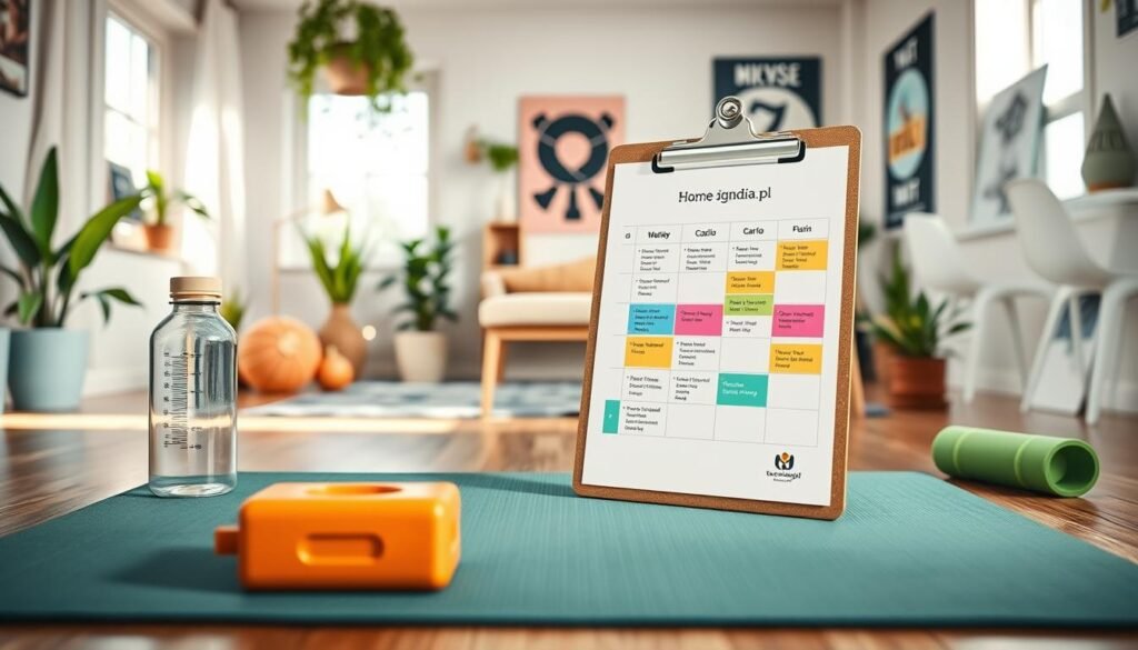 A well-organized home workout plan layout featuring various at-home fitness activities. In the foreground, include an illustrated exercise mat with a water bottle and a yoga block, emphasizing an inviting workout space. In the middle ground, display a detailed visual of a weekly training schedule on a clipboard with colorful sections indicating different activities such as strength training, cardio, and flexibility exercises. In the background, show a cozy and bright room with natural light streaming in, adorned with plants and motivational fitness posters on the walls. The atmosphere should feel energizing and motivating, embodying a sense of routine and commitment. The brand name "treningdnia.pl" should be subtly incorporated into the design as part of the training schedule. A well-organized home workout plan layout featuring various at-home fitness activities. In the foreground, include an illustrated exercise mat with a water bottle and a yoga block, emphasizing an inviting workout space. In the middle ground, display a detailed visual of a weekly training schedule on a clipboard with colorful sections indicating different activities such as strength training, cardio, and flexibility exercises. In the background, show a cozy and bright room with natural light streaming in, adorned with plants and motivational fitness posters on the walls. The atmosphere should feel energizing and motivating, embodying a sense of routine and commitment. The brand name "treningdnia.pl" should be subtly incorporated into the design as part of the training schedule.