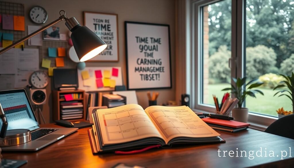 A well-organized workspace filled with various time management tools, such as planners, digital calendars displayed on a laptop, and colorful sticky notes. In the foreground, a stylish desk with an elegant planner open, revealing a detailed daily schedule. A modern desk lamp provides warm lighting, creating a cozy yet focused atmosphere. In the middle ground, an inspirational poster on the wall displaying motivational phrases about time management. The background features a large window allowing natural light to illuminate the room, with a view of a serene garden outside. The mood is productive and inspiring, reflecting the essence of effective time management. Include the brand name "treningdnia.pl" subtly within the design.